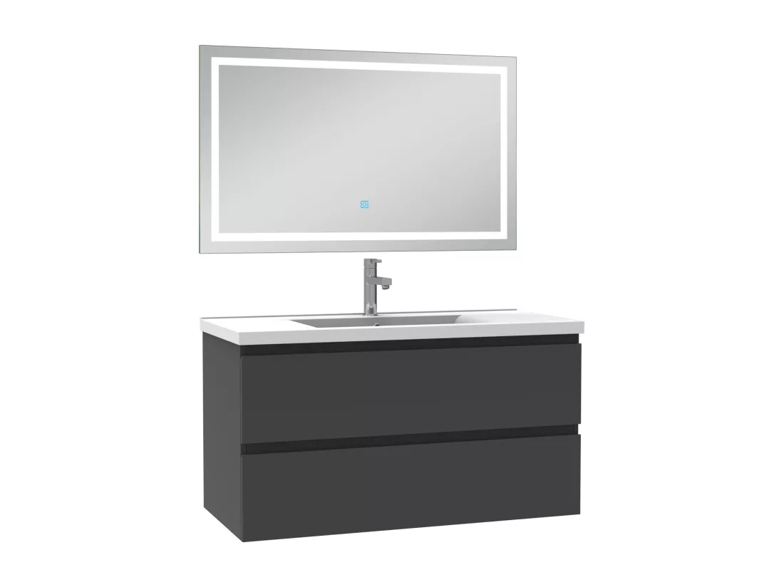 Ensemble meuble Salle de Bain 100cm Anthracite simple vasque et miroir lumineux 3 couleurs et dimmable