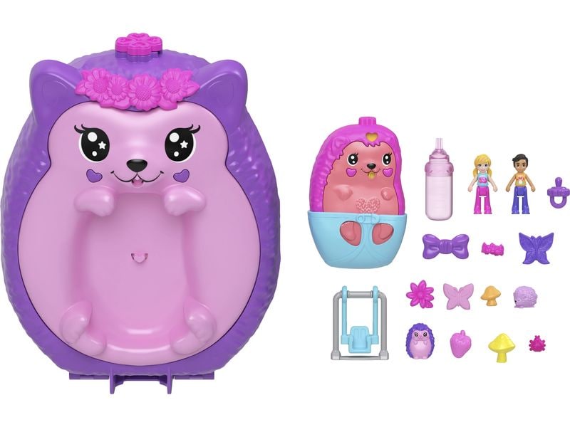 Polly Pocket Spielset Igel-Mama & Baby Schatulle Handtaschen-Spielset mit 2 Puppen & 16 Accessoires inklusive Haustieren