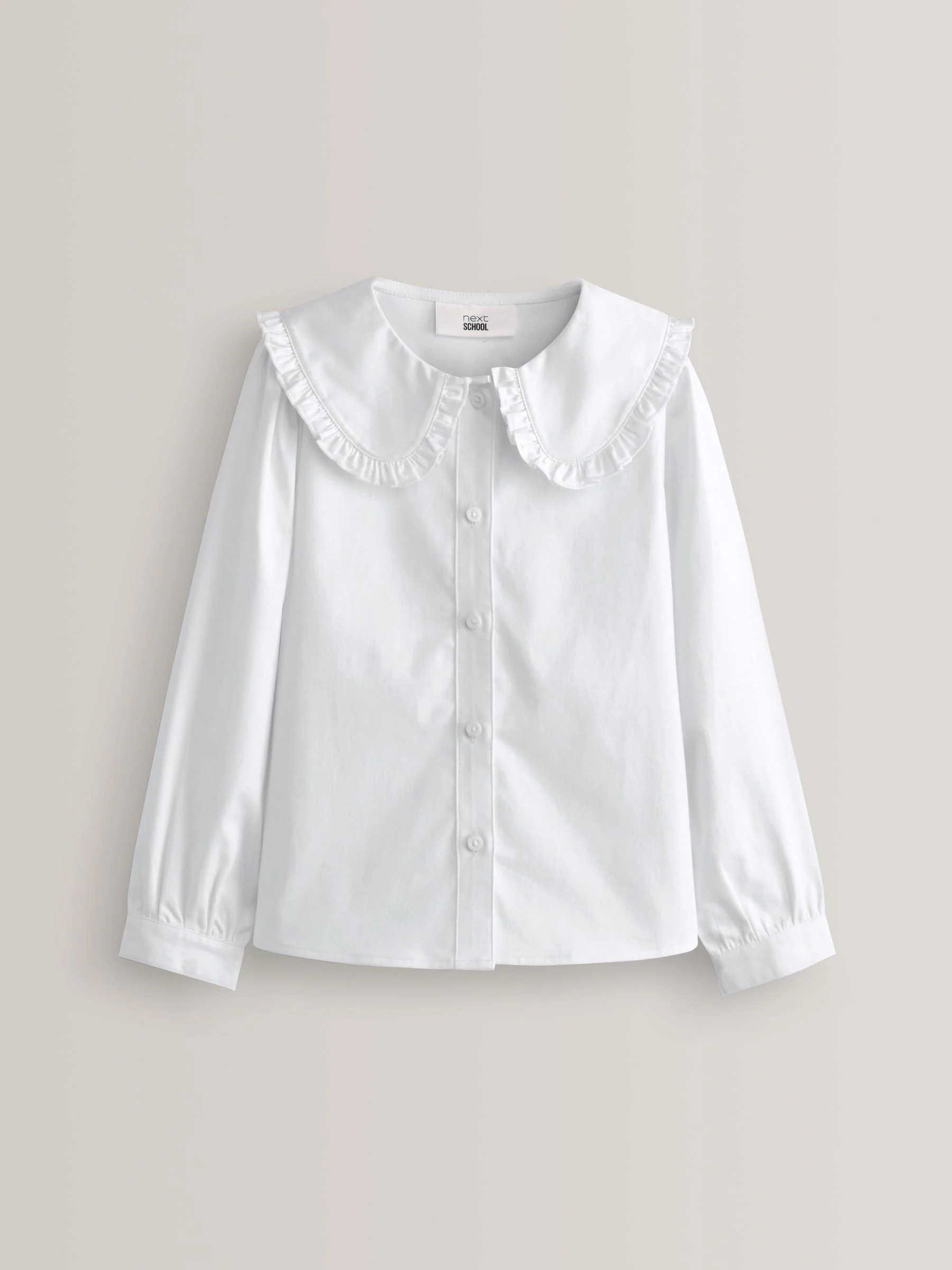 Wit - Premium schoolblouse met stretch, kraag met ruches en lange mouwen (3-14jr)