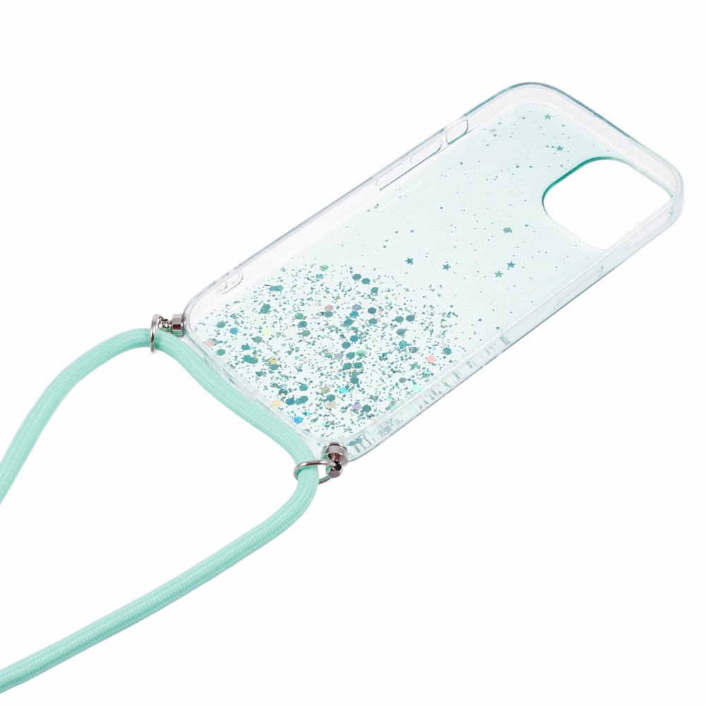iPhone 12 / iPhone 12 Pro Necklace Gummi Hülle im Glitzer Design   Handykette (140cm) - Türkis / Transparent