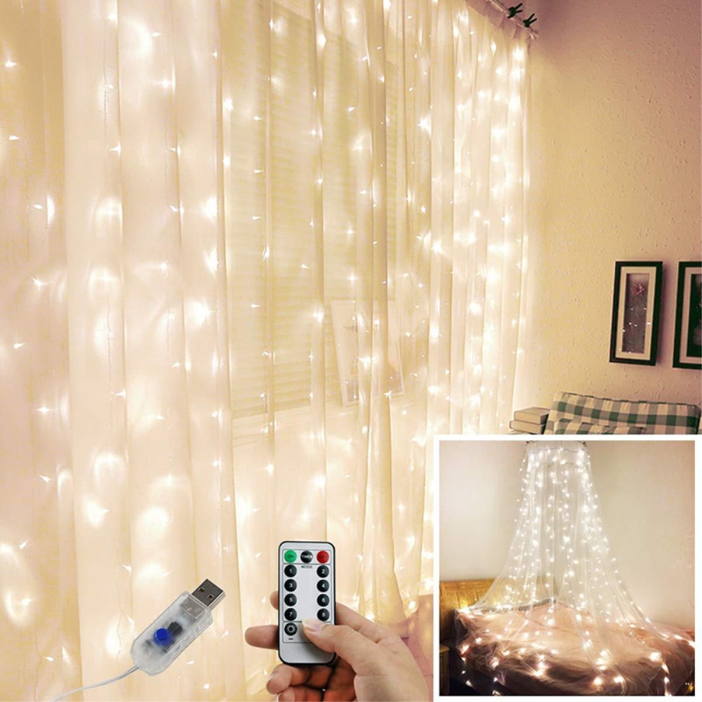(3x2m) 200 LED's Deko USB Draht Lichterkette Vorhang Beleuchtung 8 Modi   Fernbedienung - Kaltweiss
