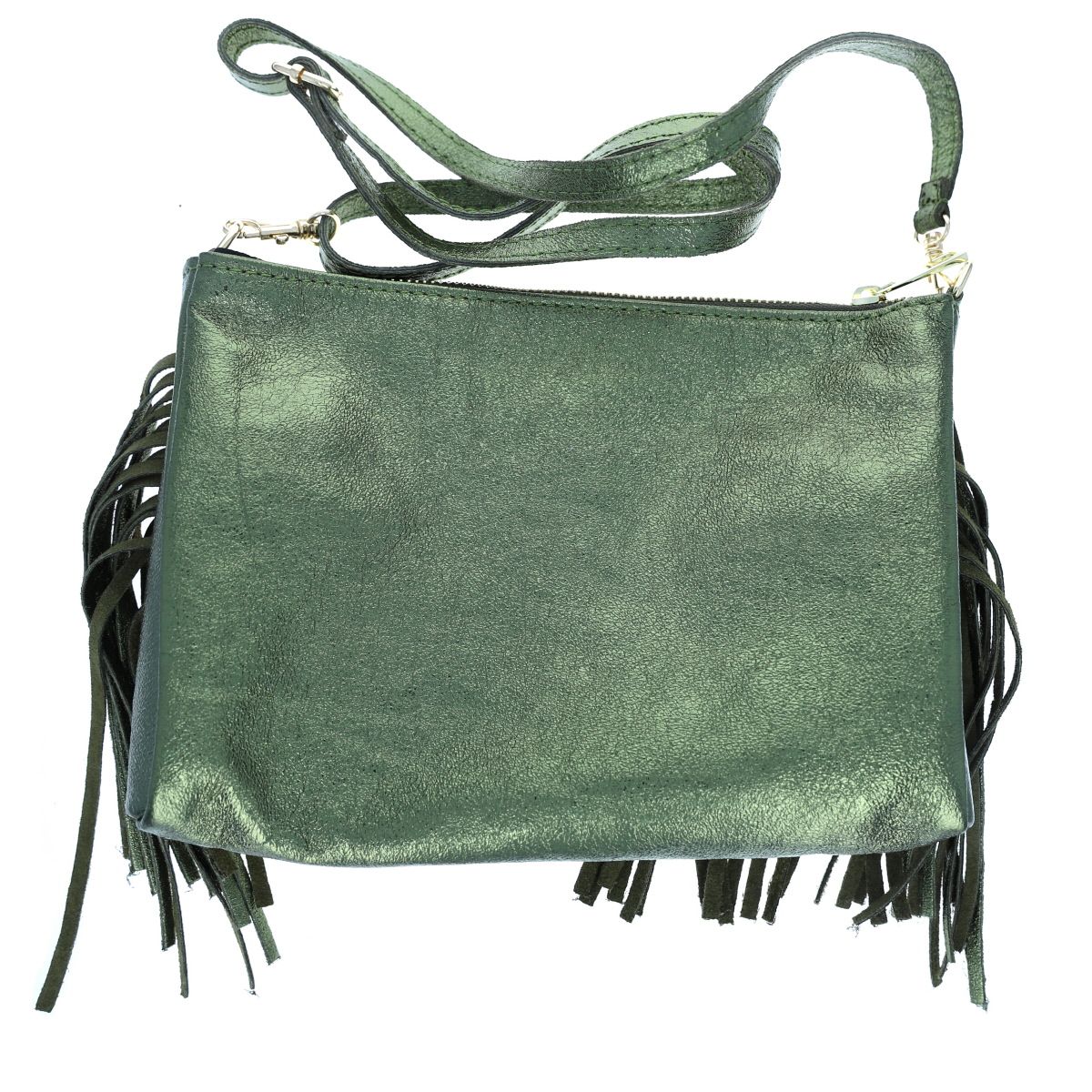 Sac à mains à franges cuir irisé vert olive Maison Suzanne