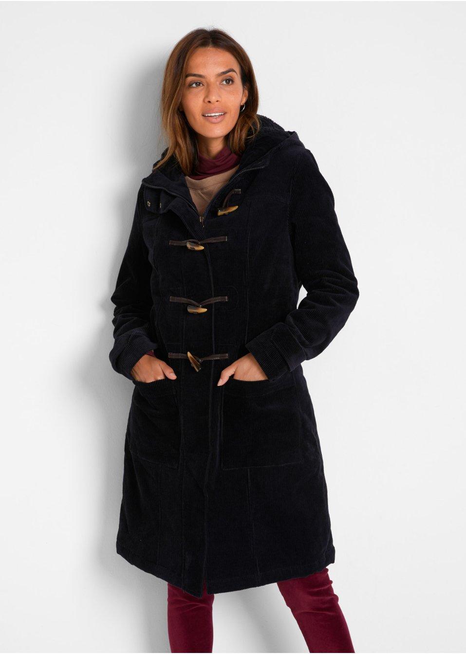 Duffle-coat en velours côtelé doublé, mi-long