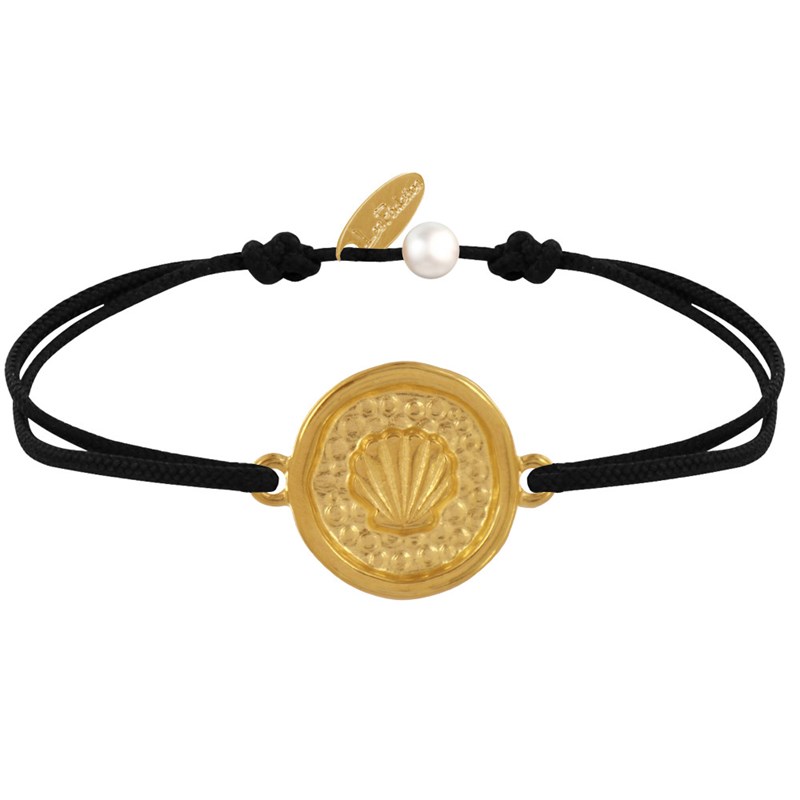 Bracelet Lien Médaille Ronde Laiton Doré Coquillage - Noir