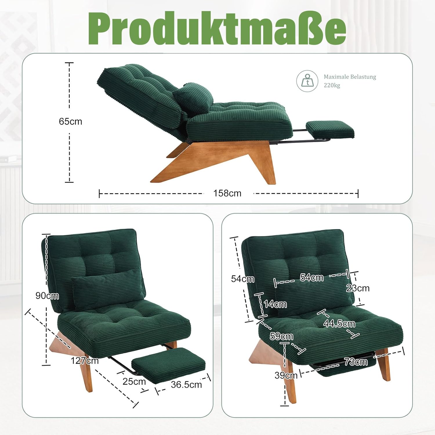 Loungesessel Verstellbar mit Fußstütze & Lendenkissen | Moderner Relaxsessel für Wohnzimmer | Rückenfreier Liegesessel aus Kordstoff | Massivholzbeine | Max. 220KG, (Smaragdgrün)