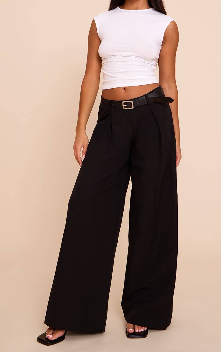 Noir Pantalon En Coton Léger À Jambes Ultra Larges Avec Ceinture