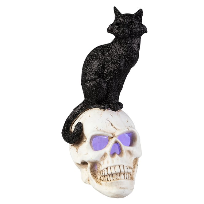 Totenkopf mit Katze - mit LED - ca. 15 x 11 x 25 cm