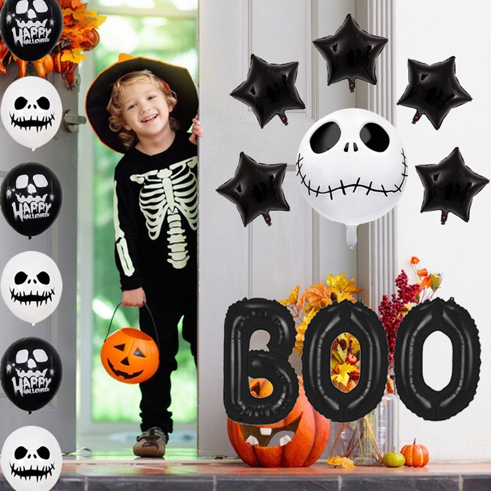 (47-tlg. Set) Party Ballons Halloween Latex- und Folienballons   Spiralen Girlande - Schwarz / Weiss