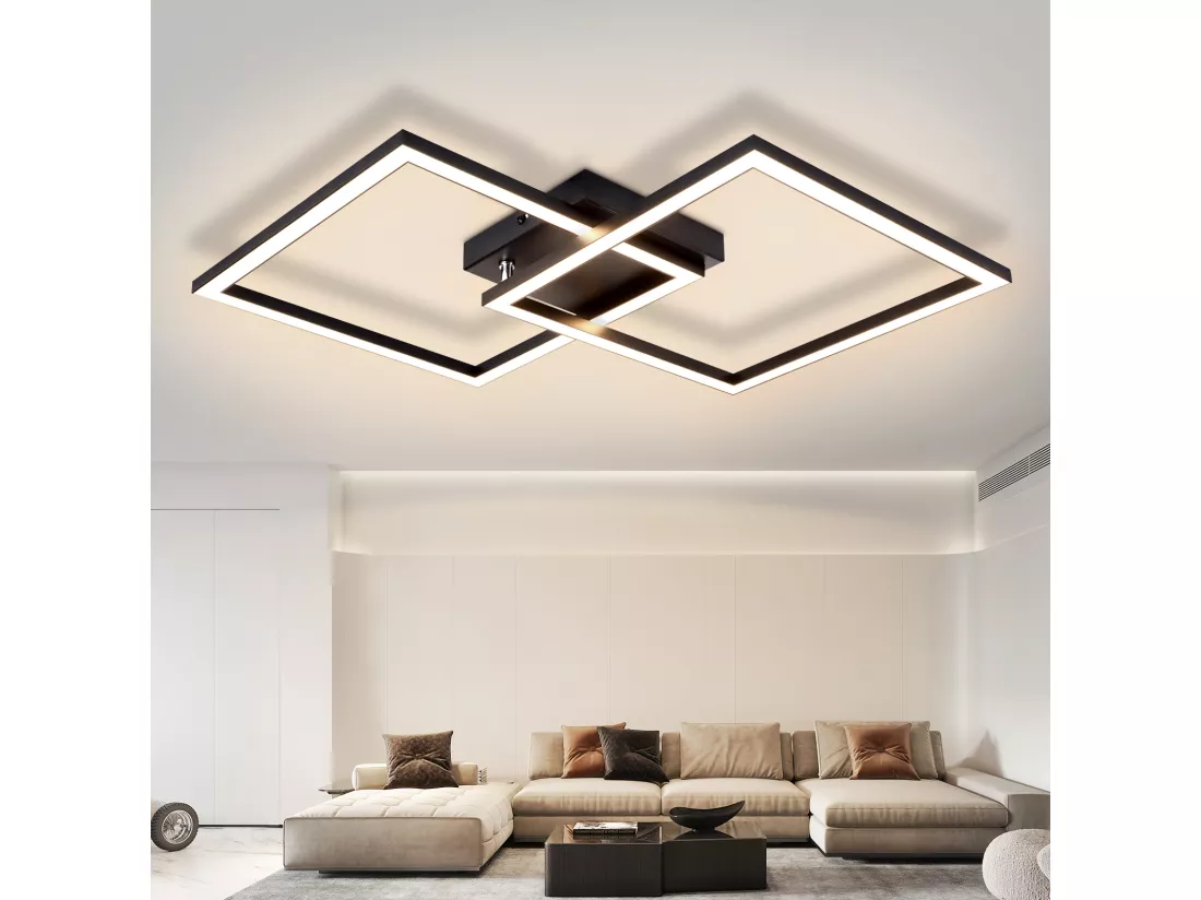 NETTLIFE plafonnier salon led blanc chaud noir 3000k design moderne angulaire 24w