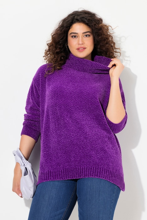 Chenille-Pullover, Oversized, Stehkragen, Langarm