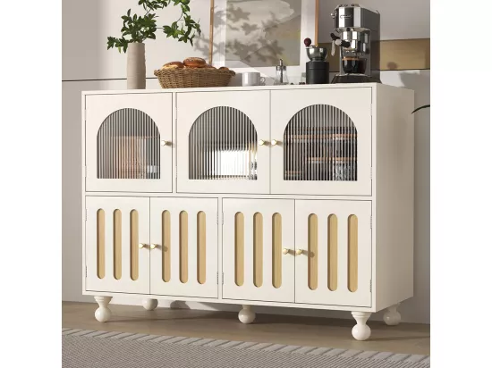 Buffet de salle à manger moderne blanc avec design arc-en-ciel, longues portes en verre, pieds à colonnes rondes, meuble de rangement élégant