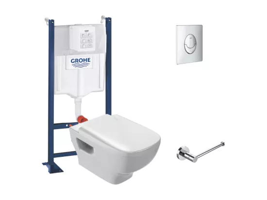 Pack WC suspendu sans bride JACOB DELAFON Struktura + Bati-support GROHE + plaque Start chrome + porte-rouleau rond