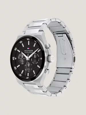 Relógio de aço inoxidável com mostrador preto e pulseira de elos.