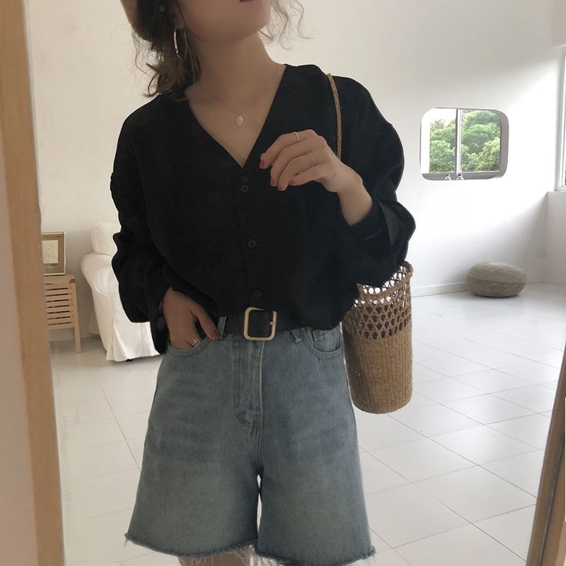 Alfie - Blouse van effen chiffon met lange mouwen en V-hals