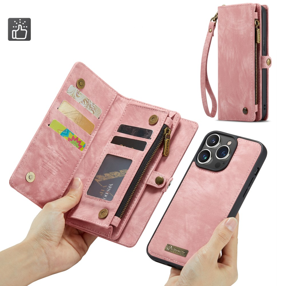 iPhone 16 Pro 2in1 Leder Tasche   Magnet Hardcase Karten Etui - Rosa