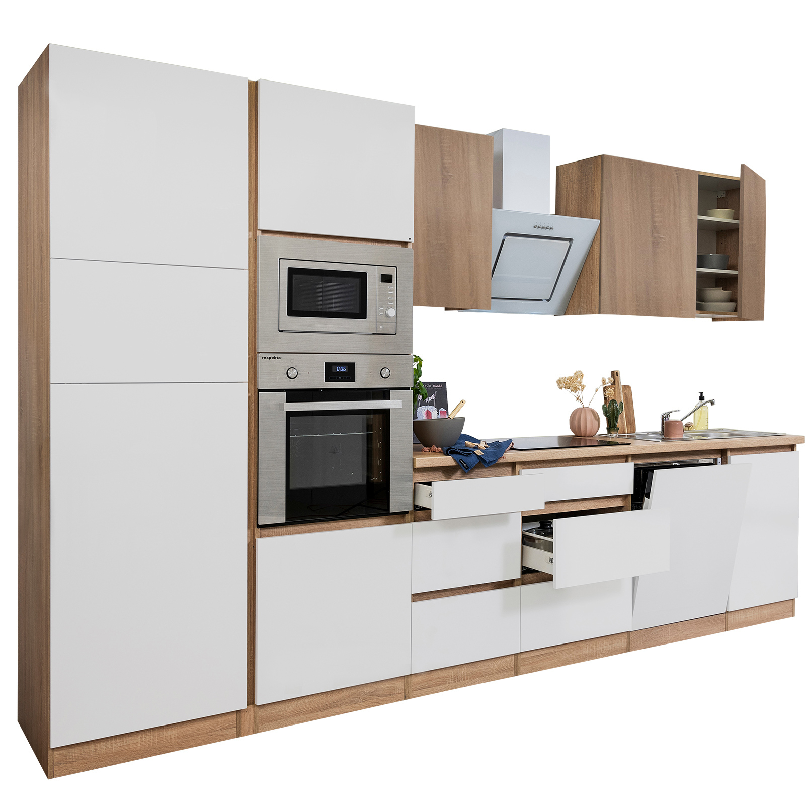 RESPEKTA Küchenblock - weiß Hochglanz-Eiche Sägerau - mit E-Geräten - 345 cm