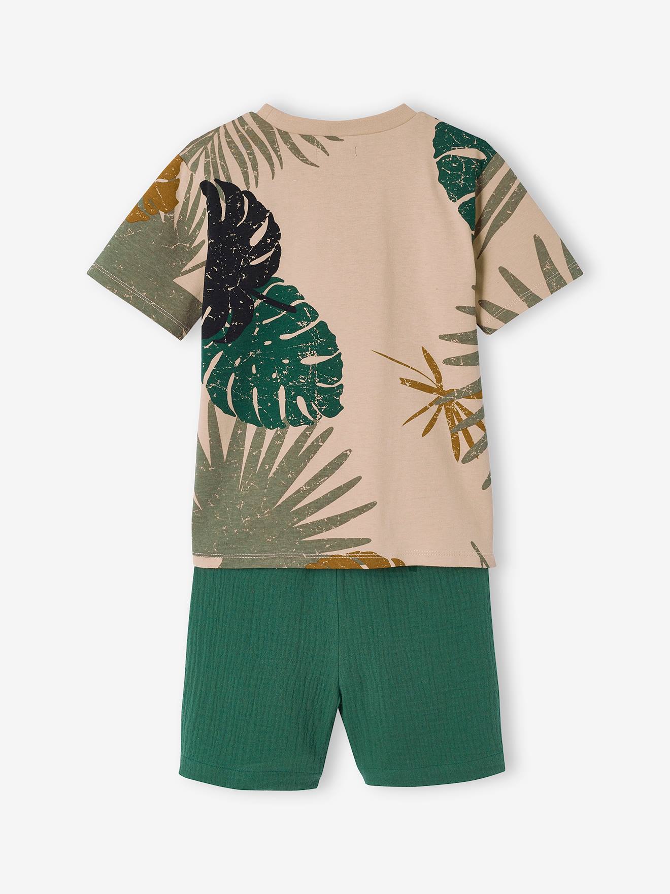 Conjunto: camiseta e shorts em chiffon de algodão verde pinho