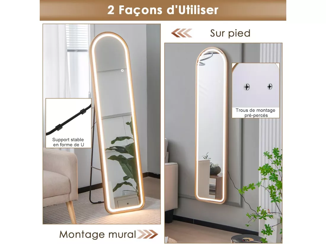 Miroir sur pied rectangulaire avec led, grand miroir 37x155 cm, doré(semi-circulaire)