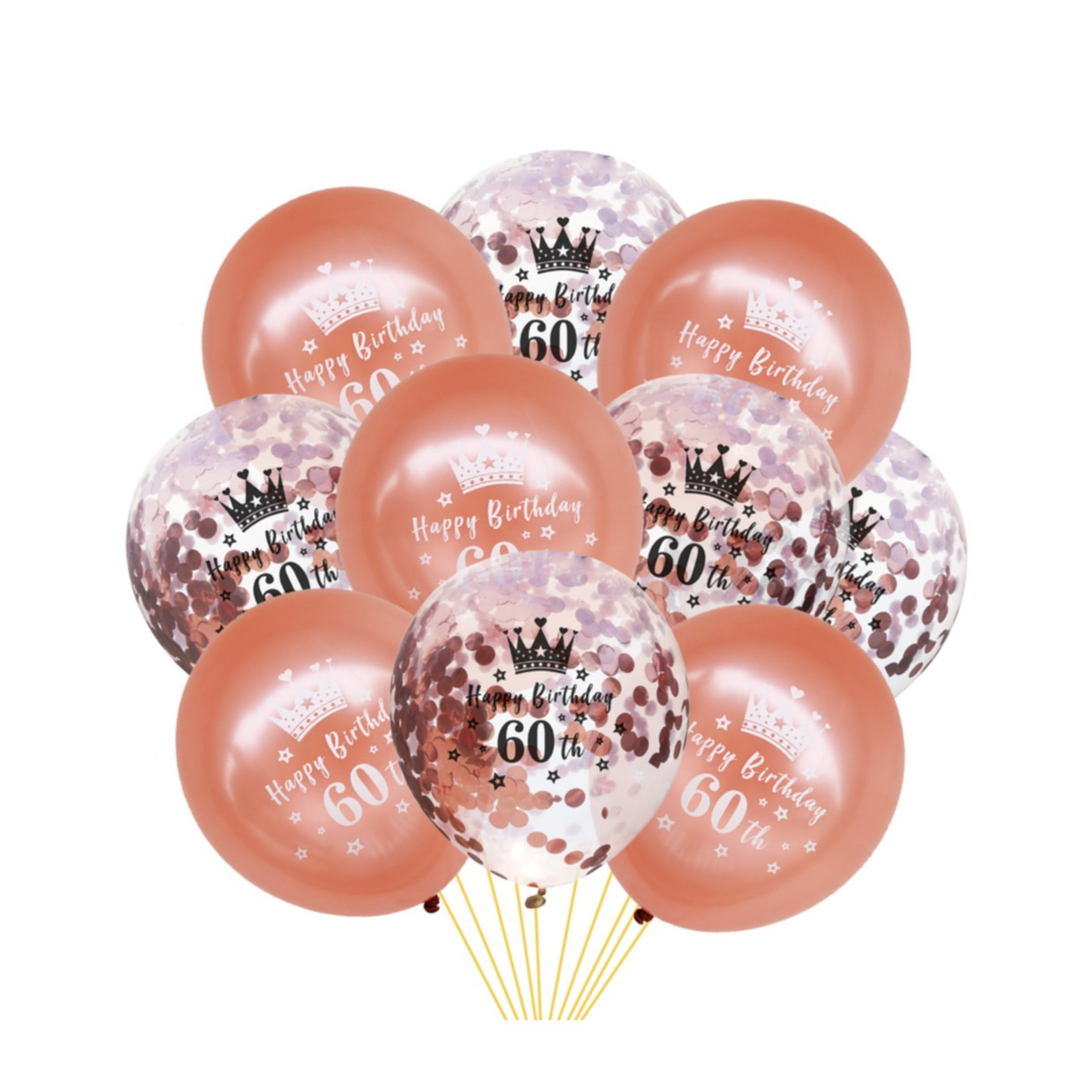 (10er Set) Ø30cm Geburtstags Party Deko Ballons Latex Luftballons 60 Happy Birthday mit Krone   Konfetti - Roségold