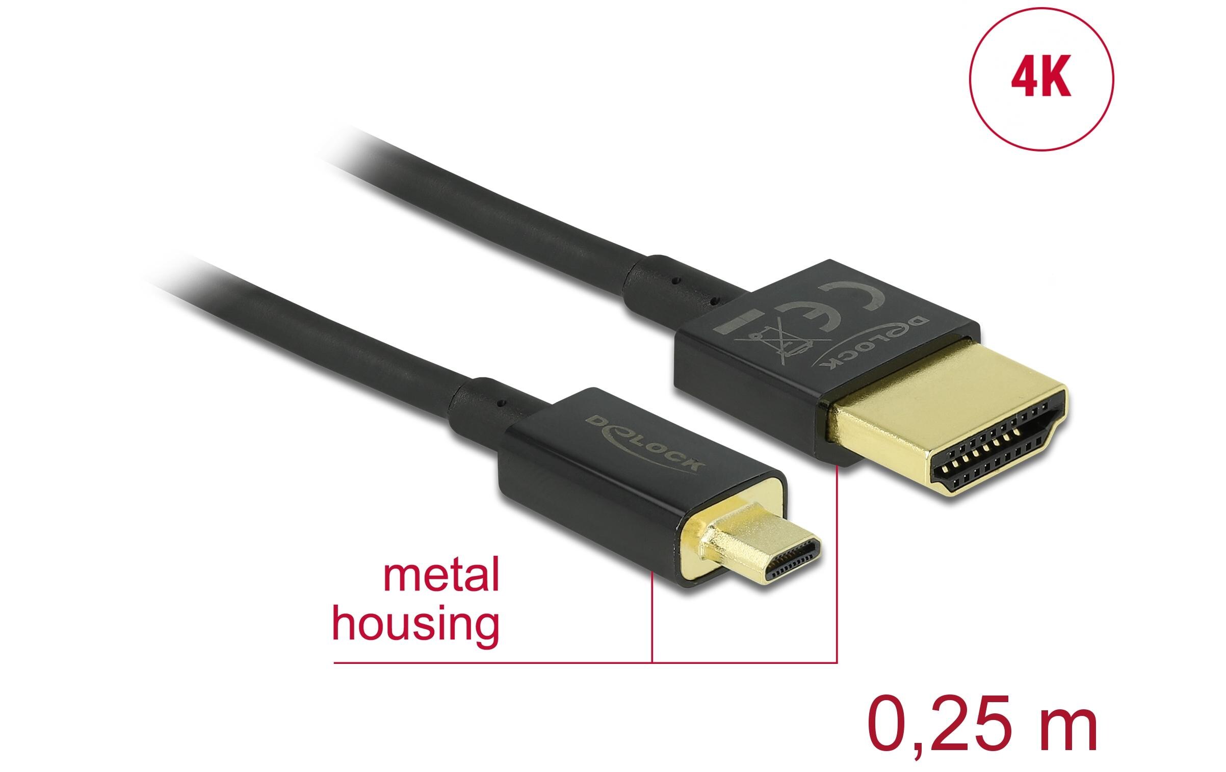 Kabel 4K 60Hz HDMI - Micro-HDMI (HDMI-D), 0.25 m, SchwarzDelock Kabel High Speed HDMI mit Ethernet – HDMI-A Stecker > HDMI Micro-D Stecker 3D 4K 0.25 m Slim High Quality