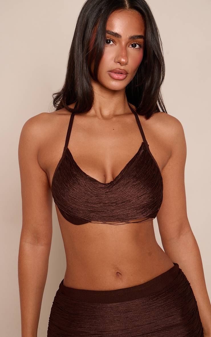 Chocolat Top Bralette Bandeau À Drapé Frontal Avec Franges Petite Taille - Ensemble Coordonné
