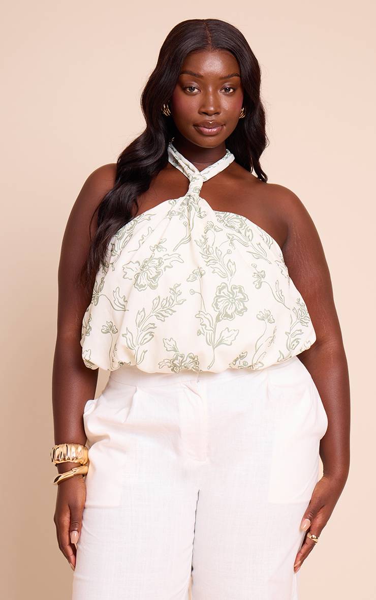 Vert Haut Bouffant À Col Licou À Imprimé Floral Grande Taille