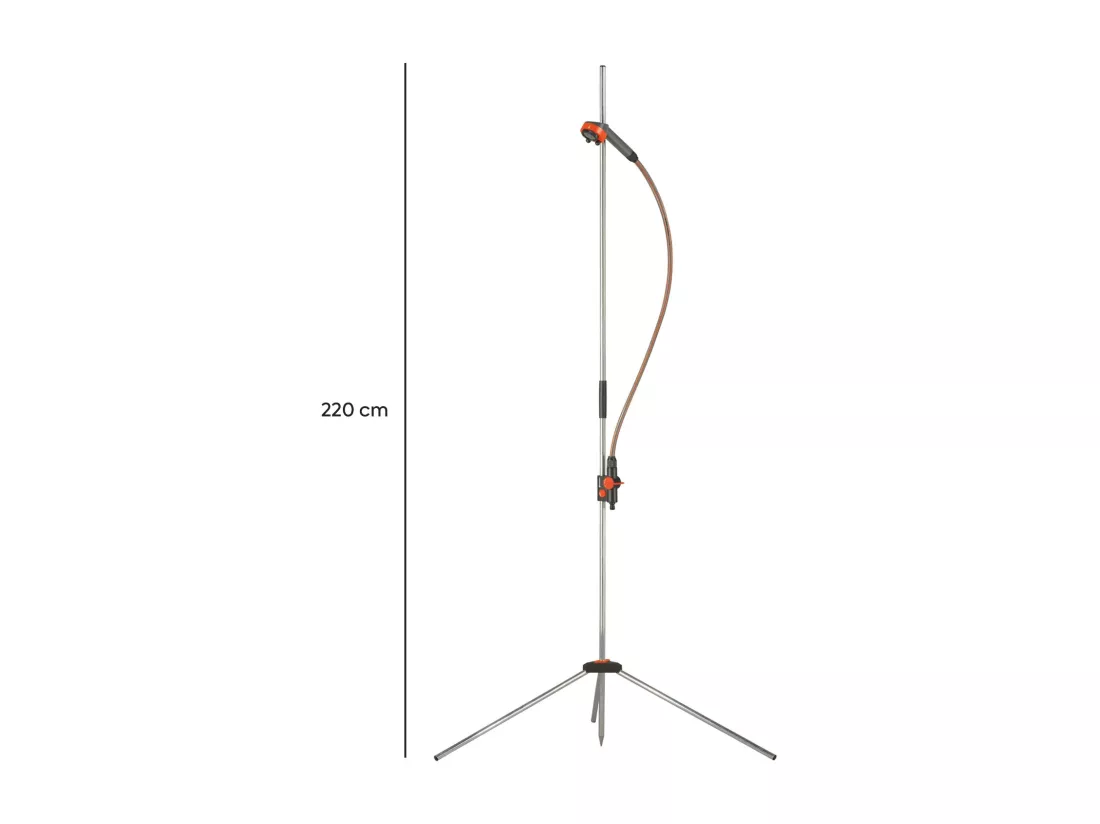 Douche de jardin Trio Gardena 220 cm avec deux types de jets, tête amovible, hauteur réglable et base trépied