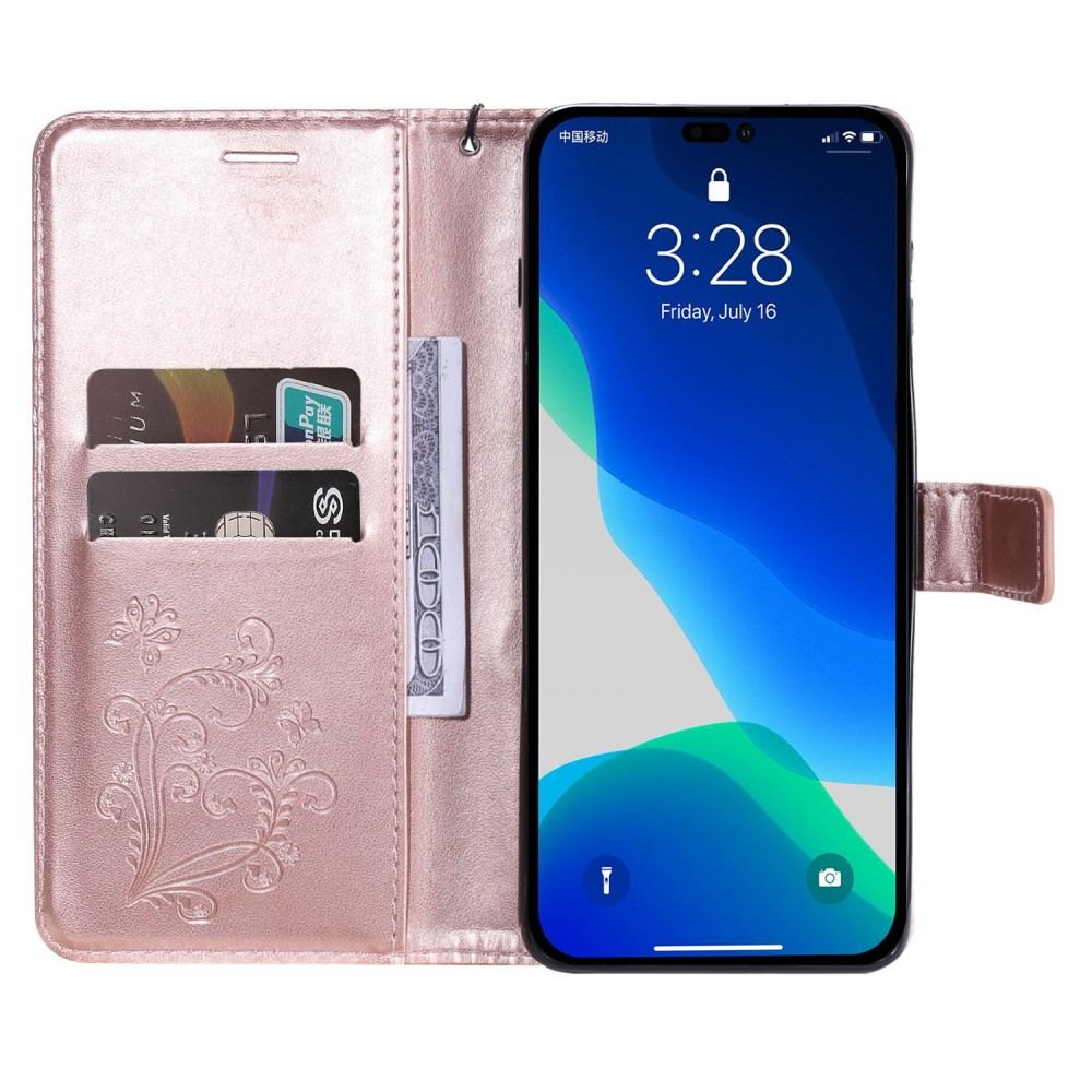 iPhone 14 Pro Leder Tasche mit Kartenfach   Handschlaufe Schmetterling - Roségold