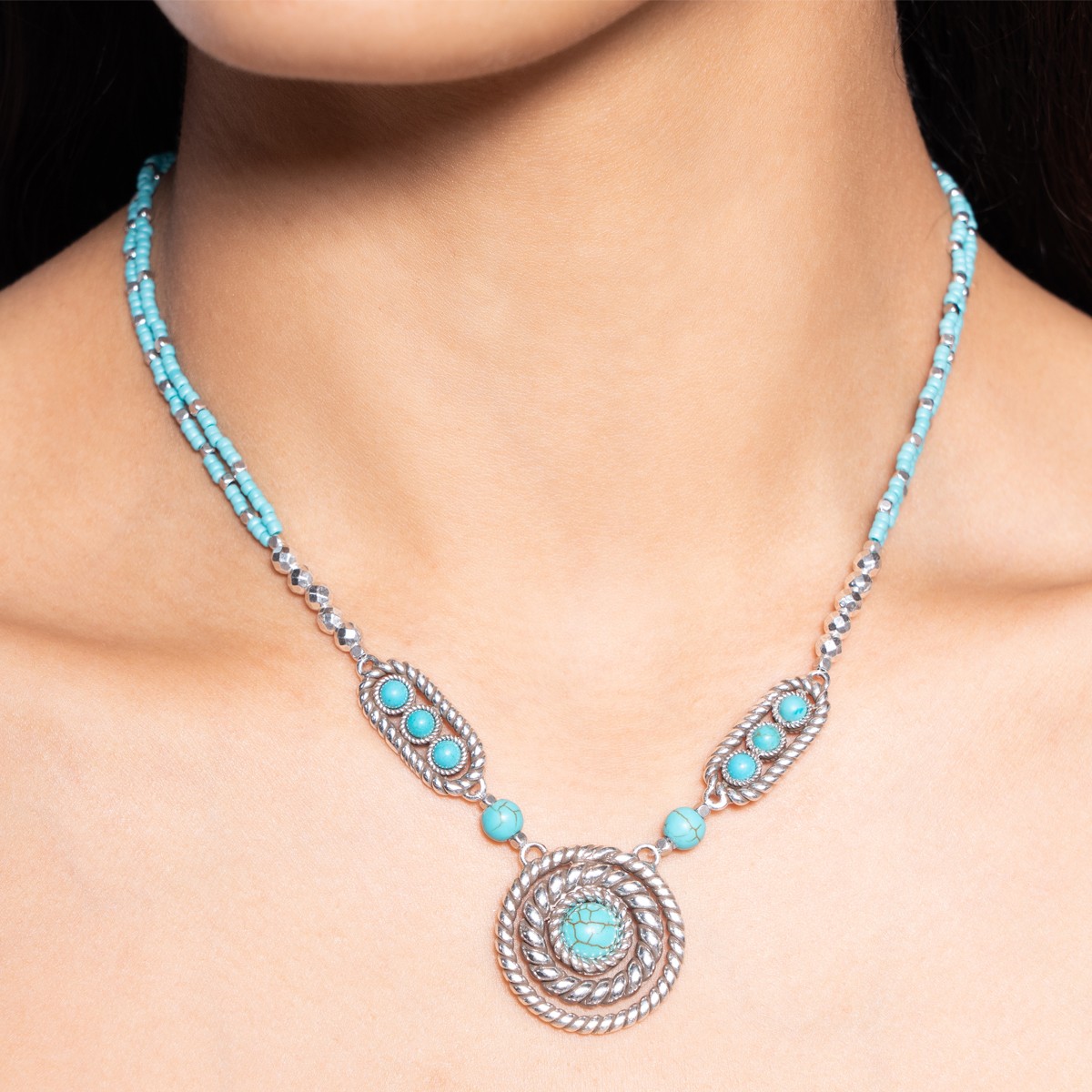 Collier Arizona - Alliage, howlite turquoise & perles de rocaille