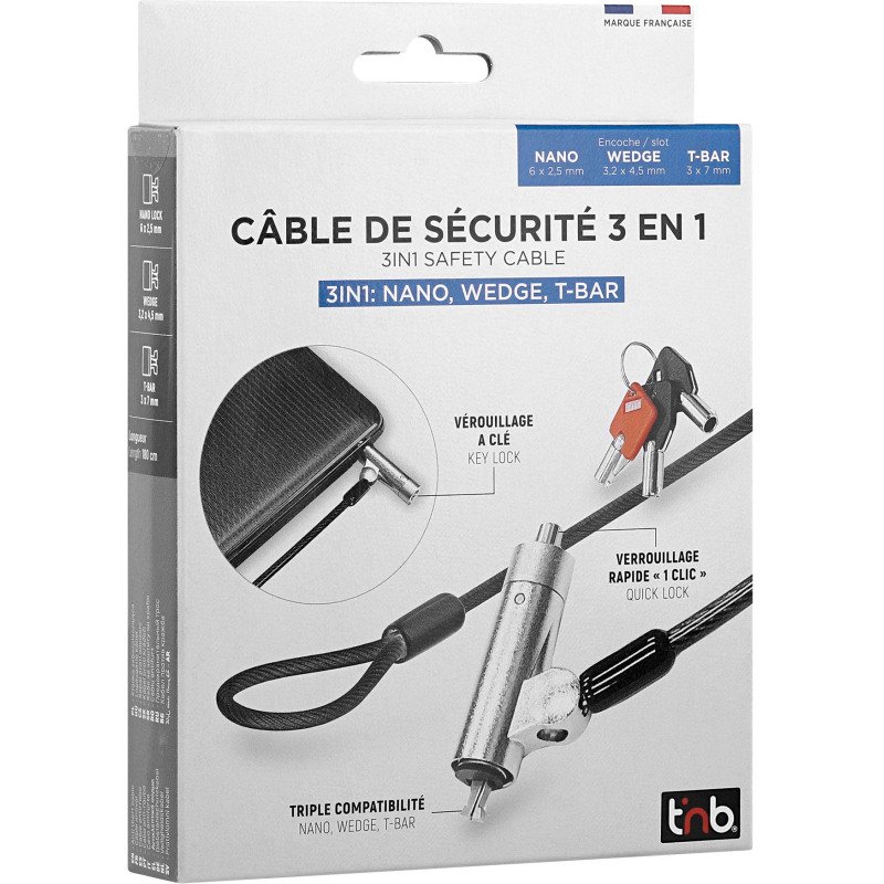 Câble de sécurité à clé 3 en 1 TnB 1,8 m
