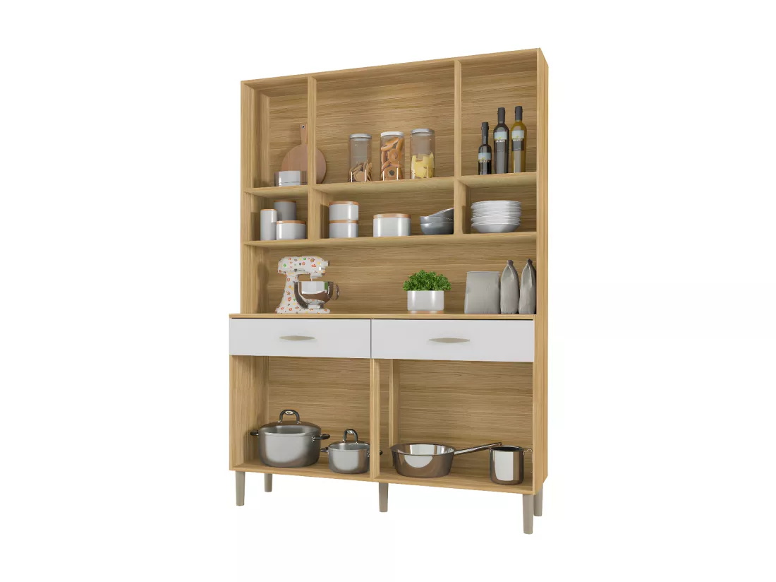 Buffet de Cuisine 8 Portes 2 Tiroirs Chêne et Blanc L 121.4 H 173.5 P 36.3 cm