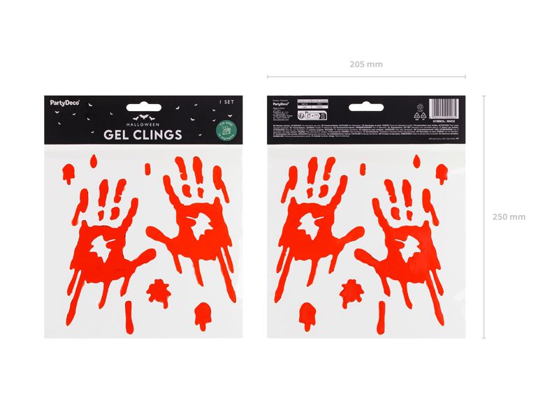 Partydeco Gel-Aufkleber Blutige Hände, Rot Halloween Sticker als Dekoration für die Fensterscheibe