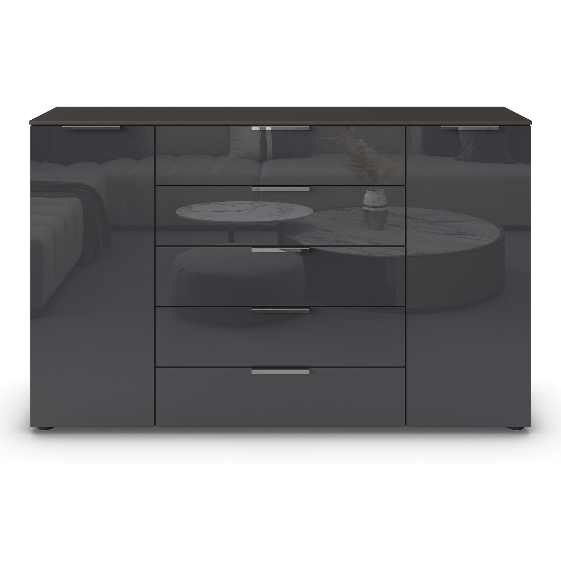 Kommode - graphit-Basaltglas - Chromgriffe - 160 cm