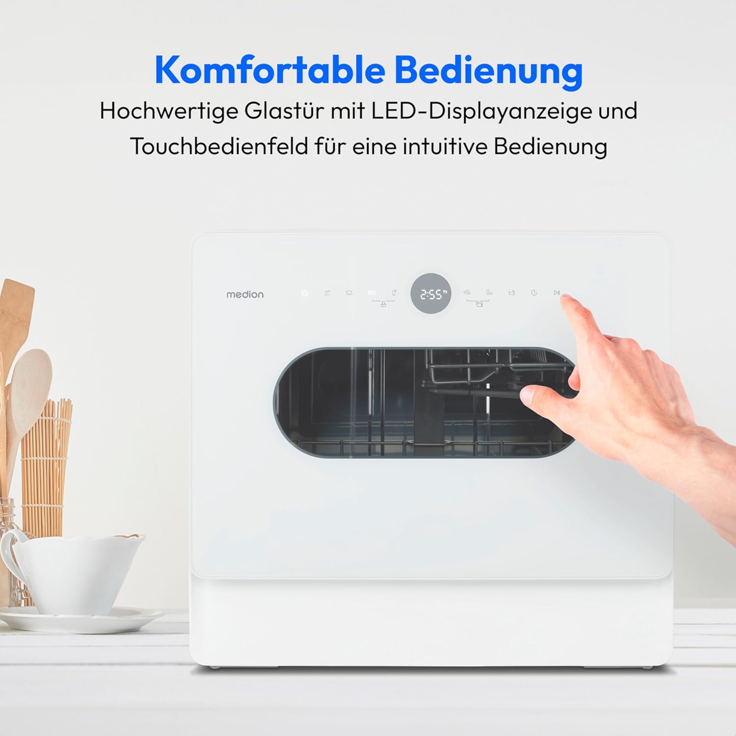 MEDION Mini Geschirrspüler DWT51 (Tischgeschirrspüler mit Touch-Bedienfeld, Eimer-Funktion, 5 Maßgedecke, funktioniert mit/ohne Wasseranschluss, 7 Reinigungsprogramme, Startzeitvorwahl, MD 37766) weiß
