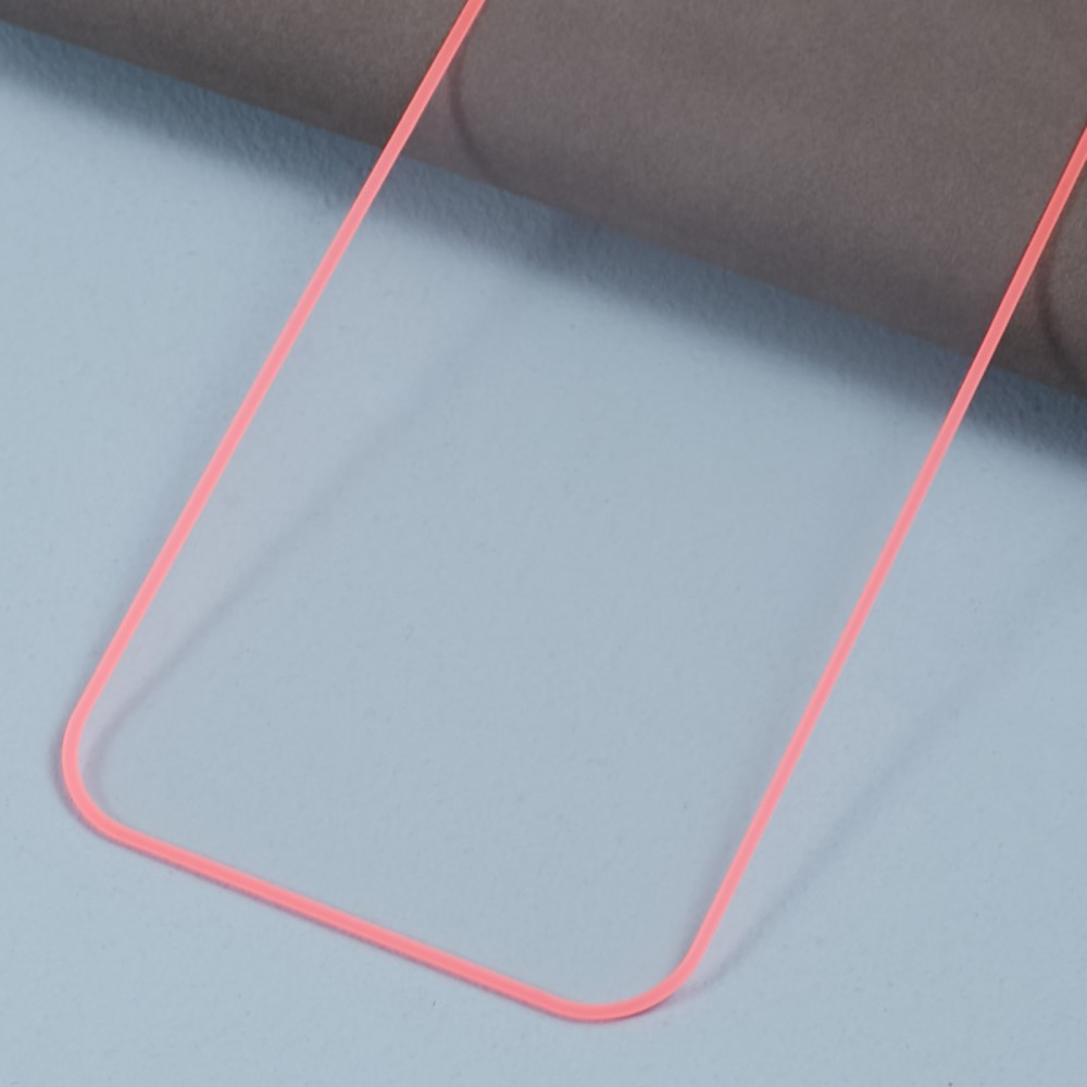 iPhone 14 Pro Max Full-Screen Vollbild Glas Fluoreszierender Display Schutz mit Leuchtendem Alu Rahmen - Pink / Transparent