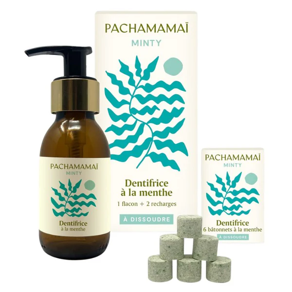 Pachamamai Dentifrice à Dissoudre Minty - Kit Démarrage et Recharge - Kit Démarrage Minty (1 flacon & 6 pastilles) 1 kit de démarrage ou 6 recharges