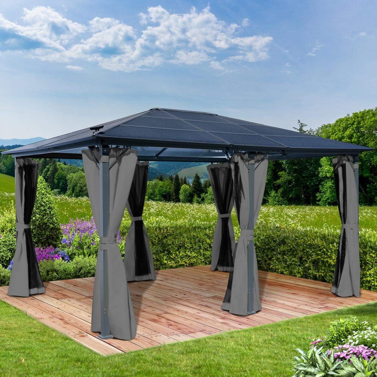 BRAST® Alu Pavillon Premium | viele Modelle & Farben | Größen 3x4m 3,6x4,8m | inkl. Moskitonetz + LED | TÜV geprüft | wasserdicht | UV-Schutz | festes Dach | 3,6x4,8m Grau LED