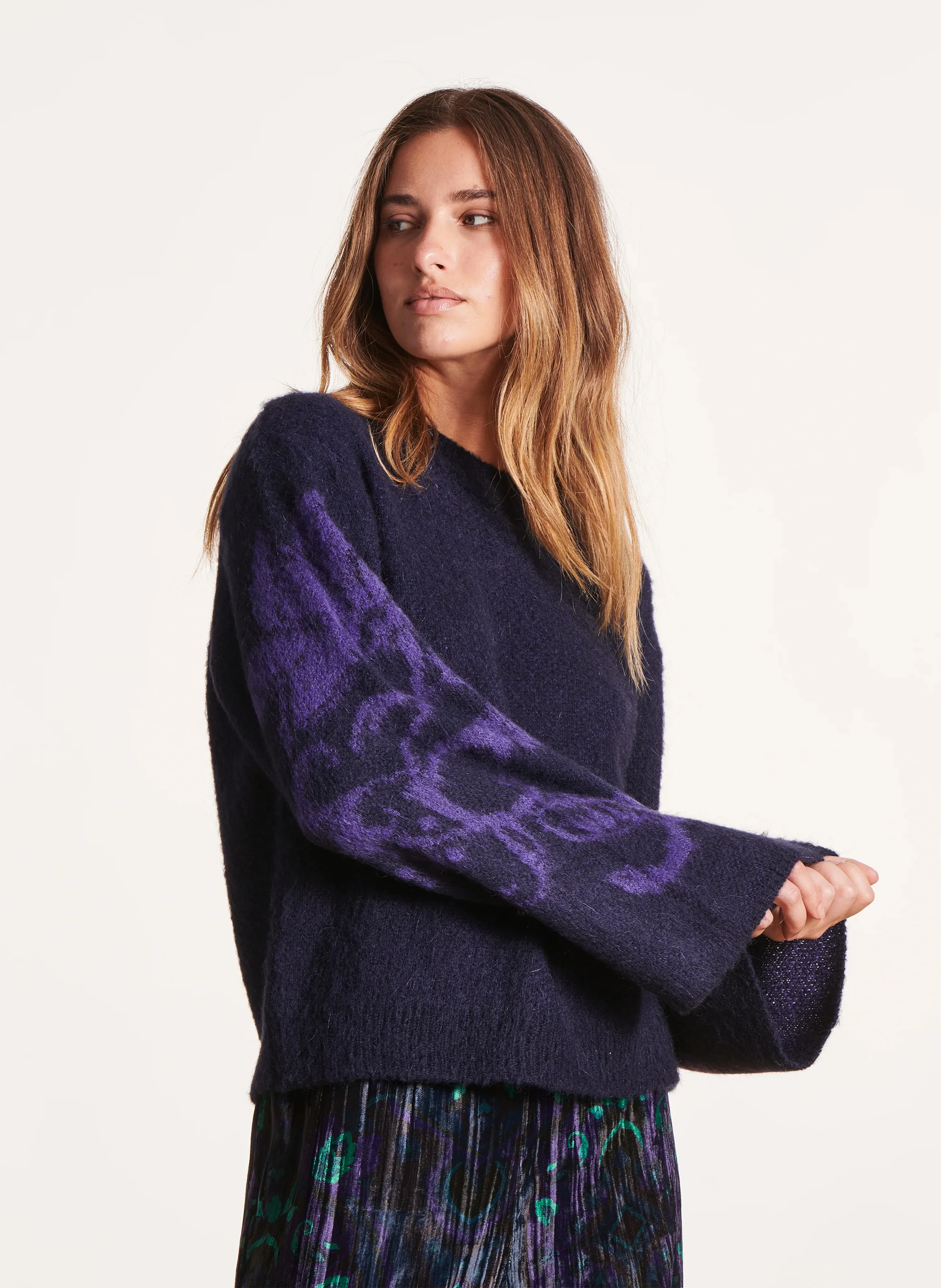 Pull col rond ample en jacquard imprimé | Multicolore