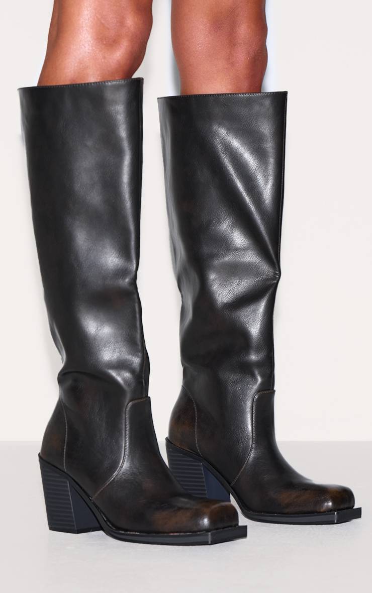 Marron Bottes Hautes À Talon Bloc Et Bout Carré En Synthétiquecuir