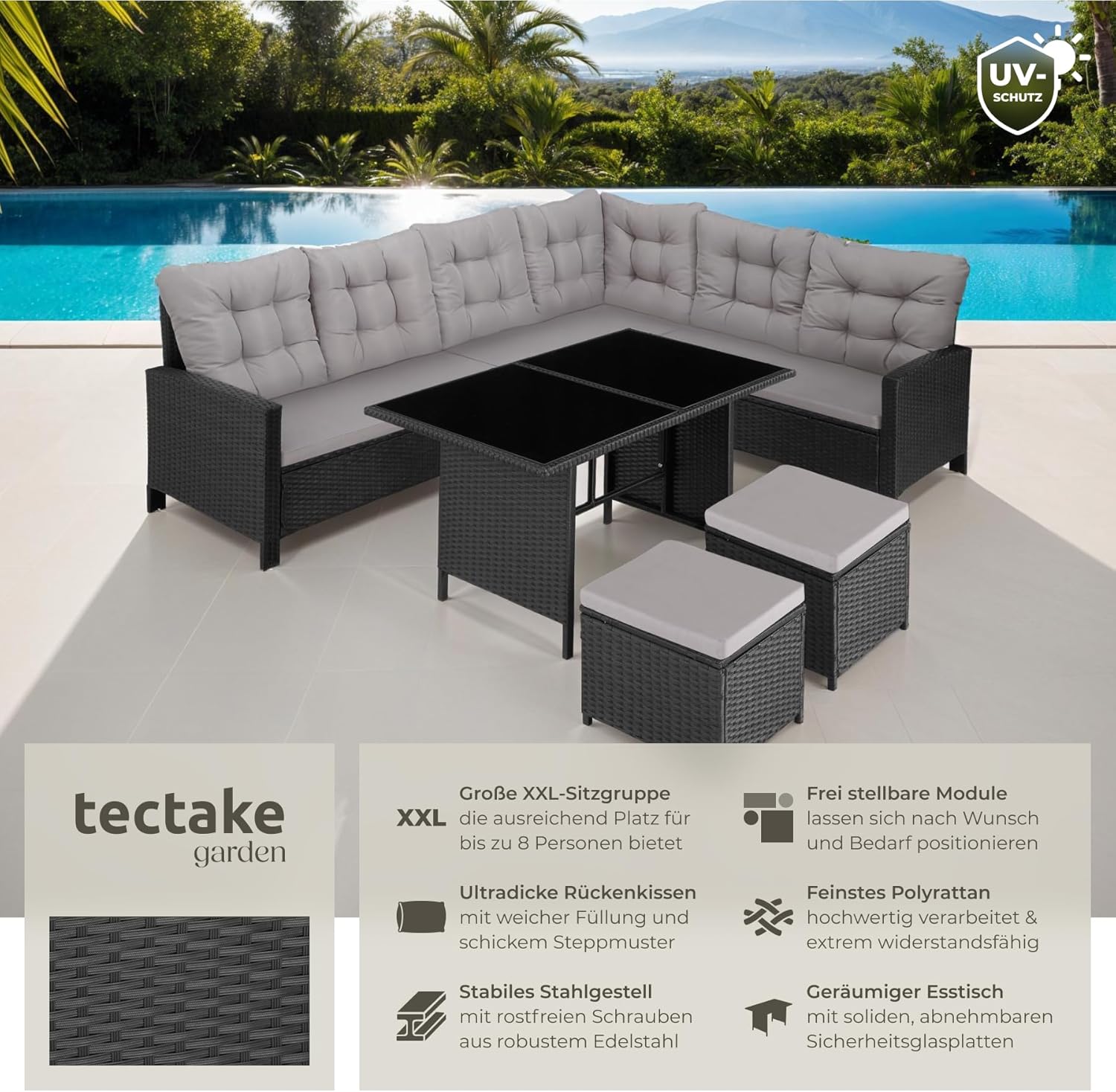 tectake Polyrattan Lounge Set, Gartenmöbel Set mit Sofa, Hocker + Tisch, Balkon Möbel Outdoor, 5-teilige Sitzgruppe, inkl. Sitz- & Rückenkissen, ideal für Garten, Terrasse, Balkon - schwarz