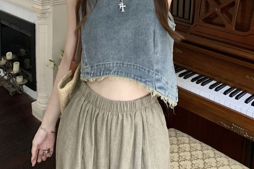 Okalpis - Tanktop met gerafeld denim kraagje