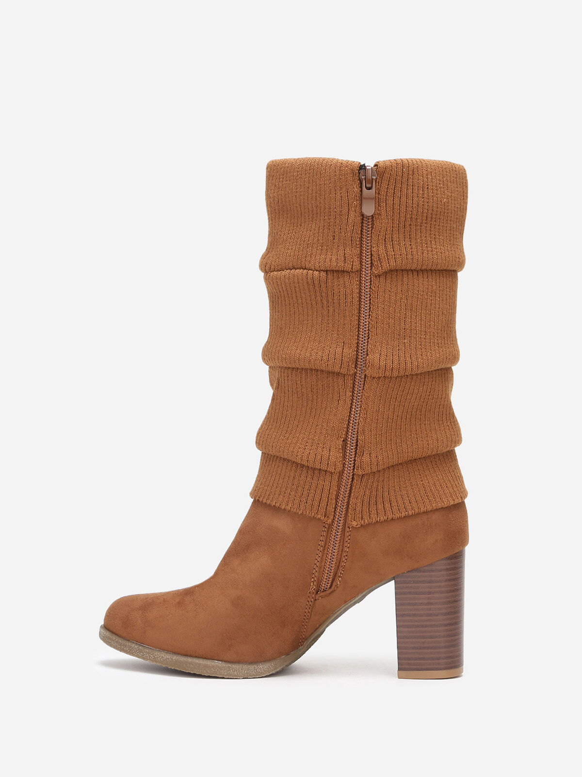 Bottes à talon en suédine et maille- Camel