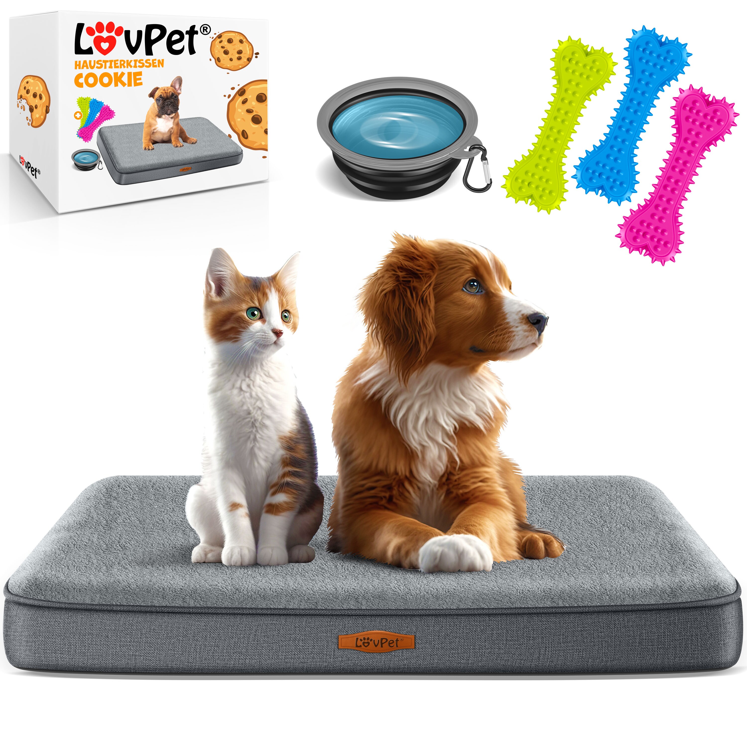 LovPet® Hundebett orthopädisches Hundekissen Hundekorb Cookie, Inkl. Napf + 3X Kauknochen, Hundesofa für Kleine, Mittelgroße & Große Hunde, Bezug abnehmbar und waschbar