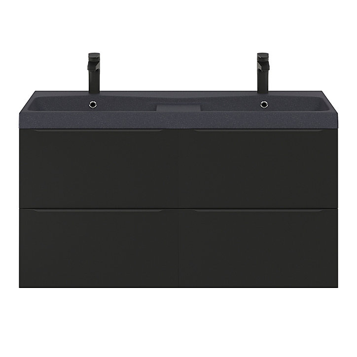 Ensemble salle de bains l.120 cm meuble à suspendre Imandra noir mat + plan double vasque résine noir