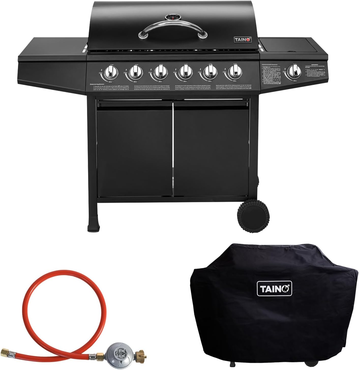 TAINO BASIC BBQ Gasgrill Grillwagen Edelstahl-Brenner + Seitenkocher Grill (Gasgrill BASIC 6+1 Set)