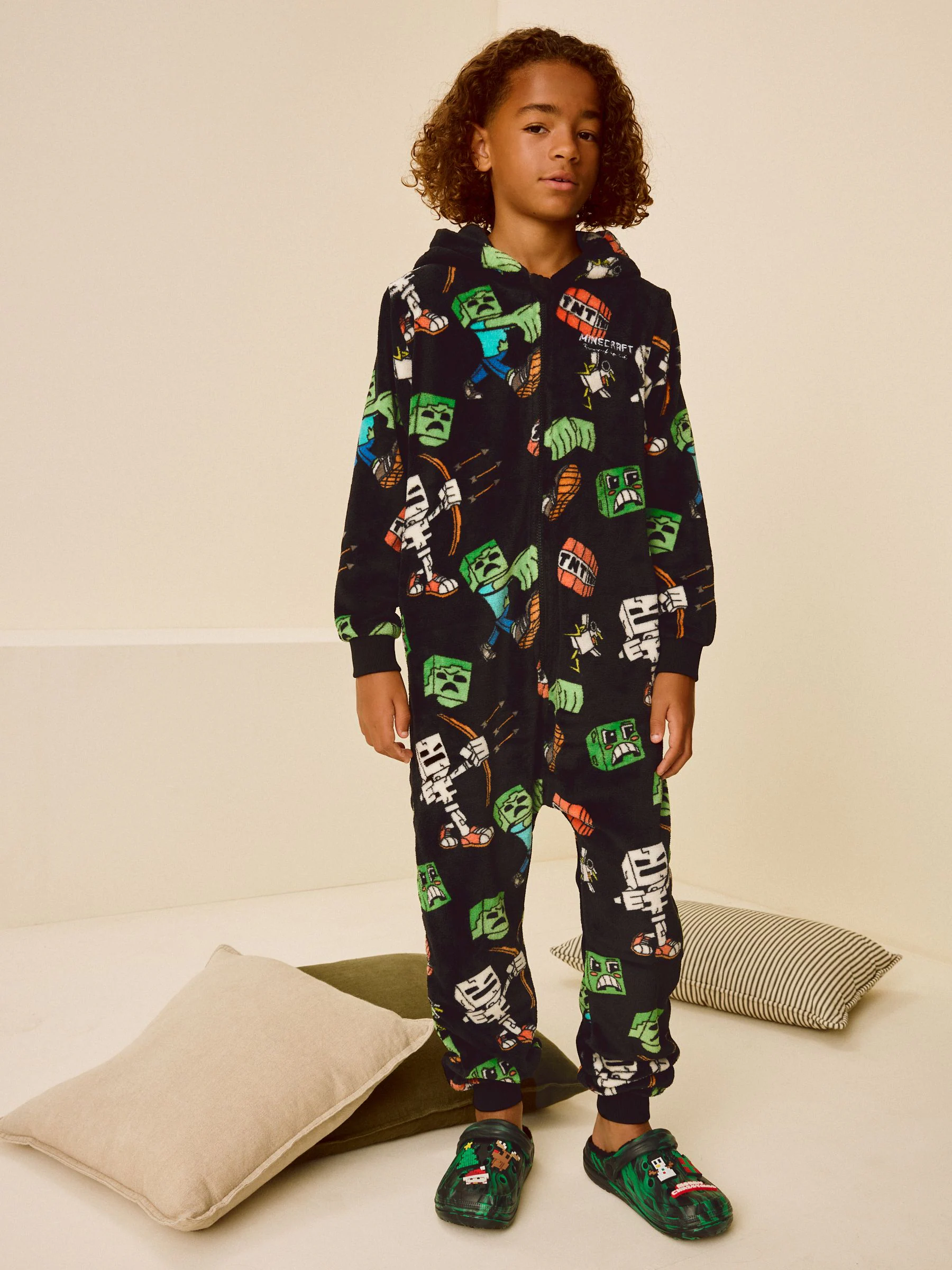 Zwart/groen Minecraft - Fleece onesie (5-14 jr)