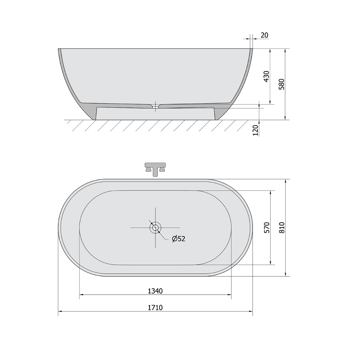 Polysan Reduta vrijstaand bad antraciet mat gegoten marmer 170x80cm