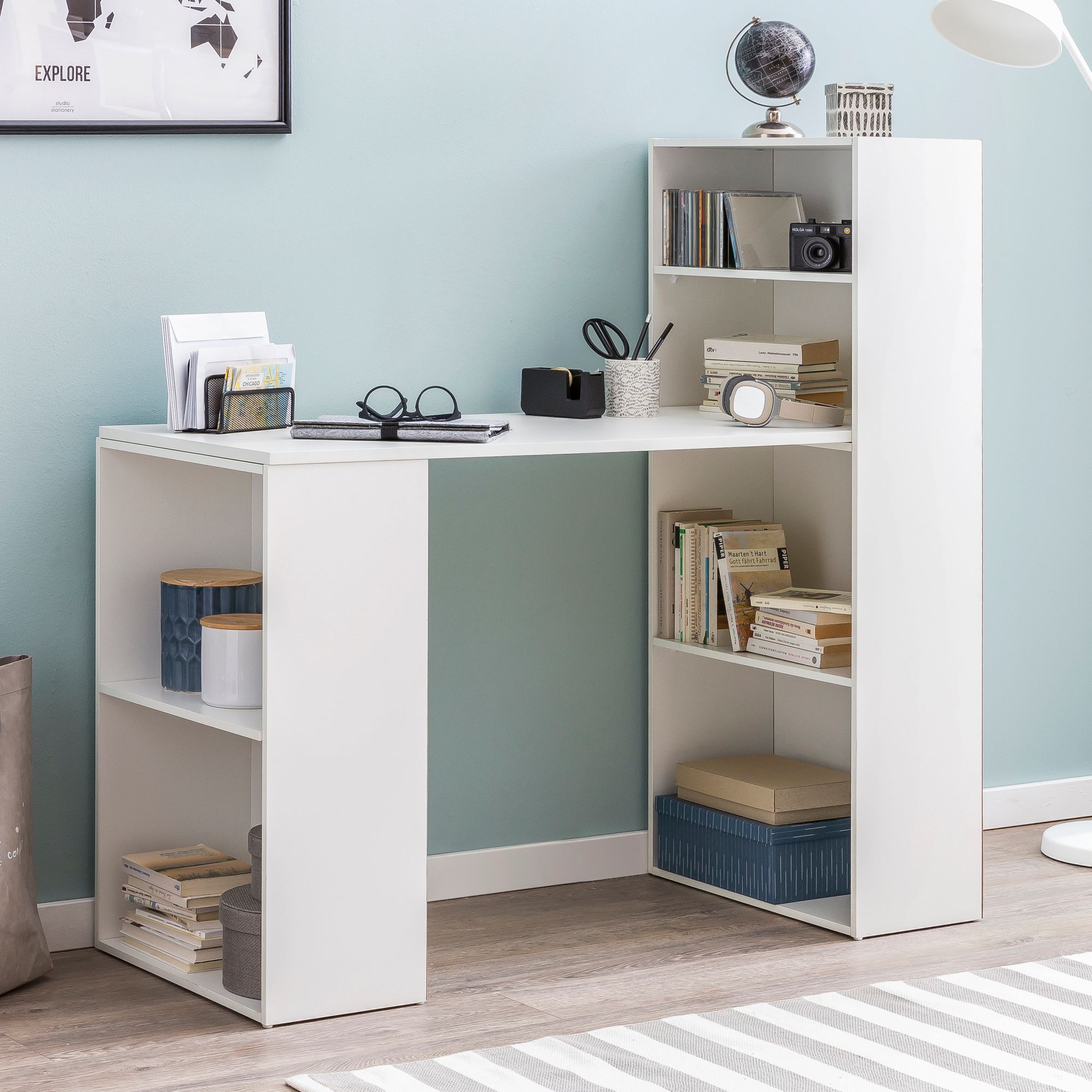 KADIMA DESIGN Schreibtisch mit Regal BRENTA: 120x120x53 cm, Spanplatten, variable Regalhöhen