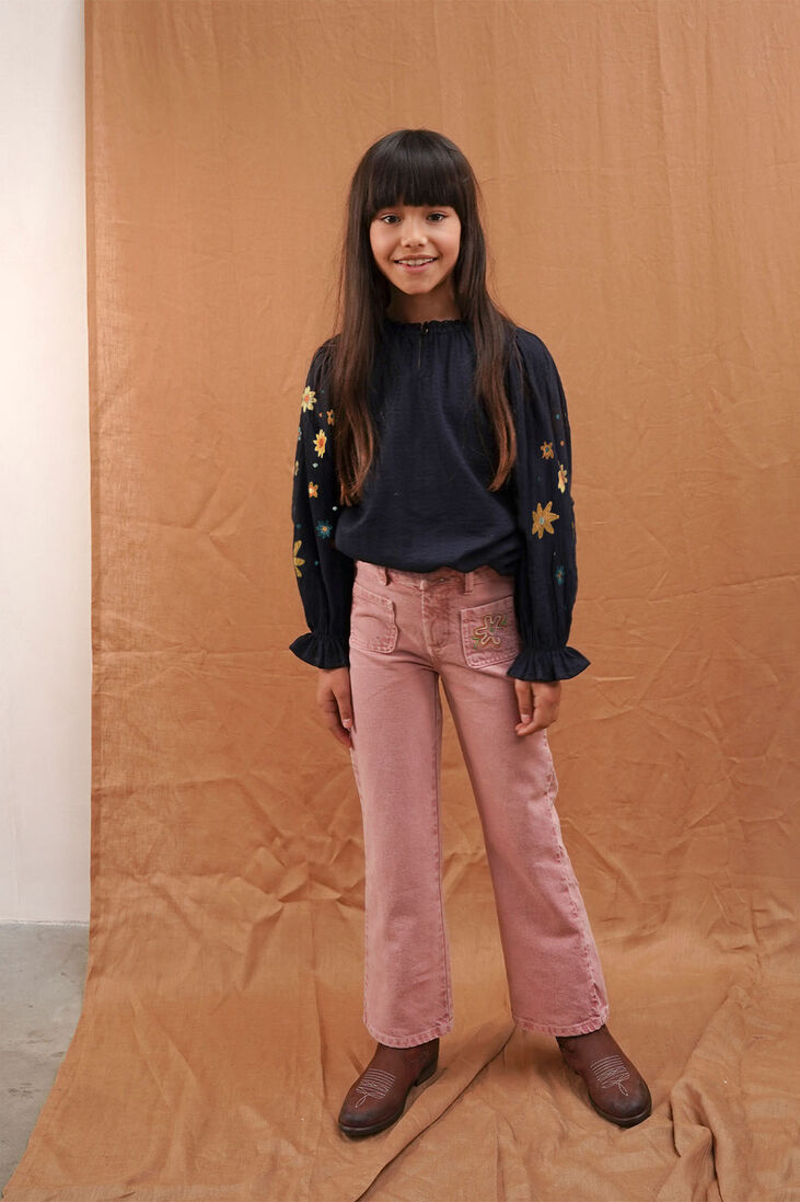 LIKE FLO donkerblauwe like flo blouse woven blouse with embroidery sleeves