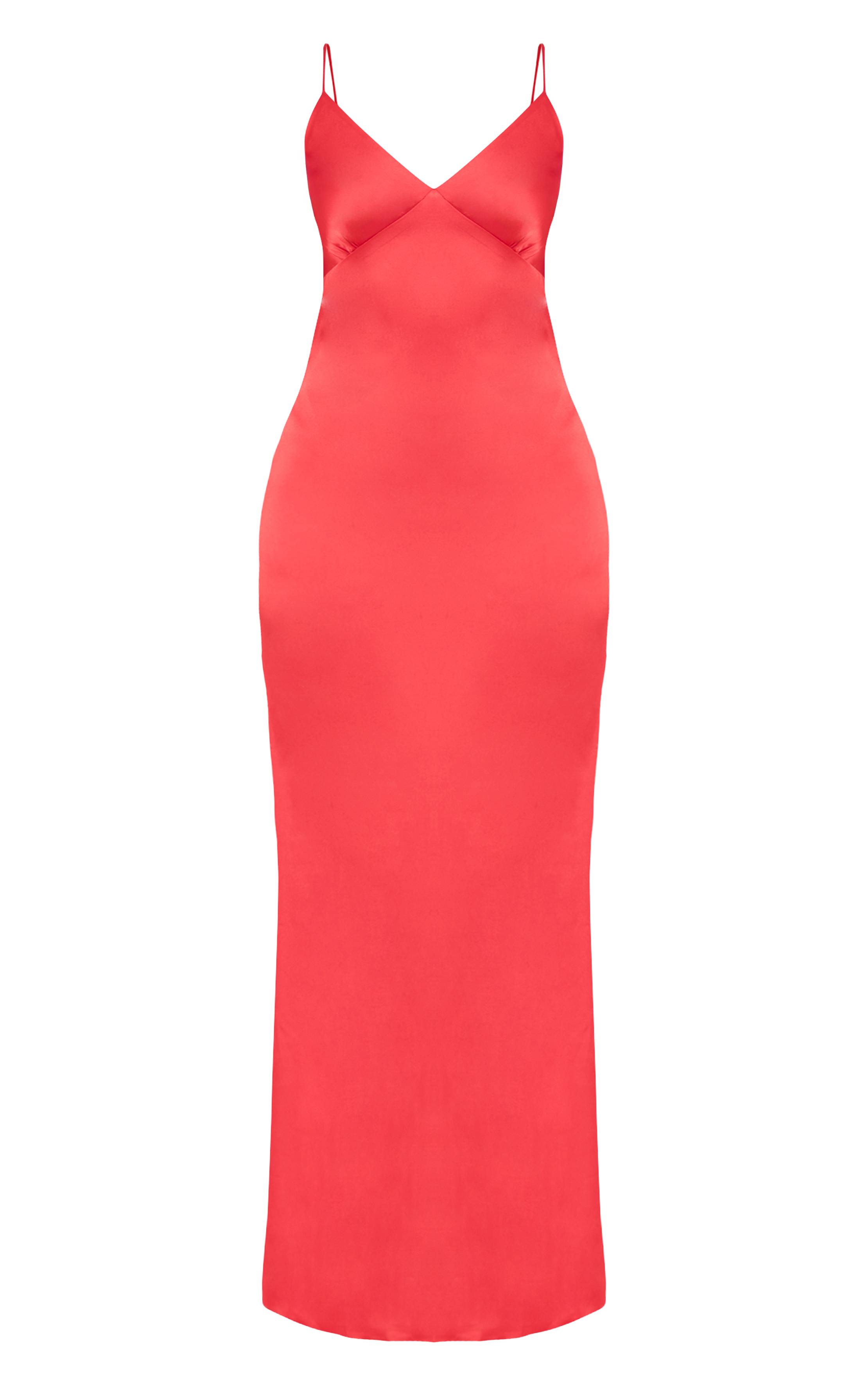 Rouge Robe Longue Satinée À Fines Bretelles